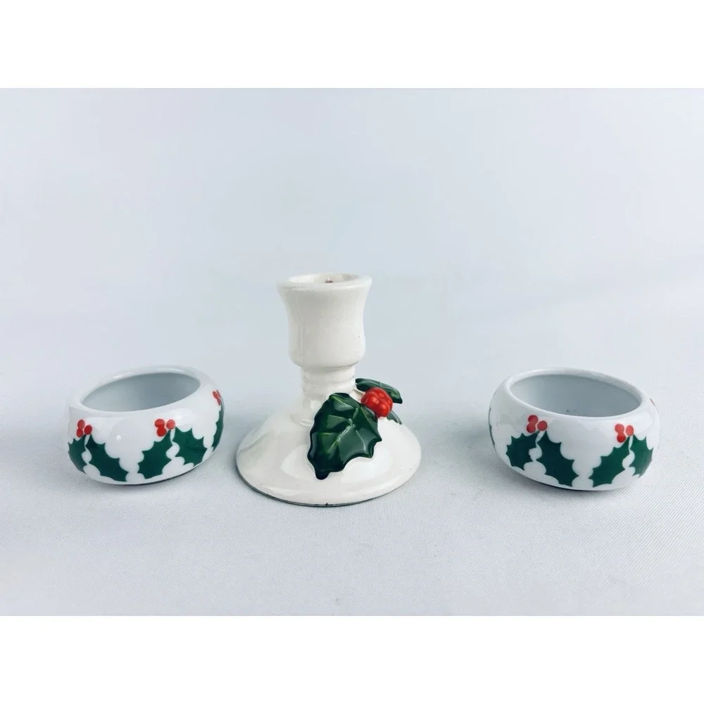Vintage Holly Ivy‎ Taper Candlestick Holders Christmas Decor - Lot Of 3 -